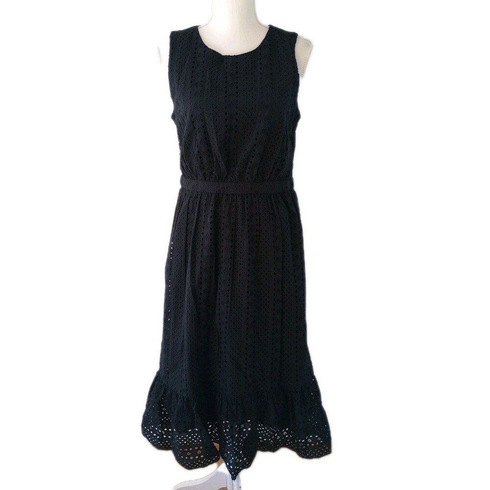 J.Crew Black Eyelet Dress Womens Size 6 Sleeveless Midi Classic Holiday Goth